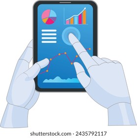 Vektor-Illustration, die eine Roboterhand zeigt, die ein digitales Tablet hält, das Diagramme und Daten anzeigt. Ideal für Illustrationen über Technologie, künstliche Intelligenz und Datenanalyse.