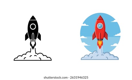 A vector illustration showcasing a rocket ship in two different styles, one black and white, the other in color.