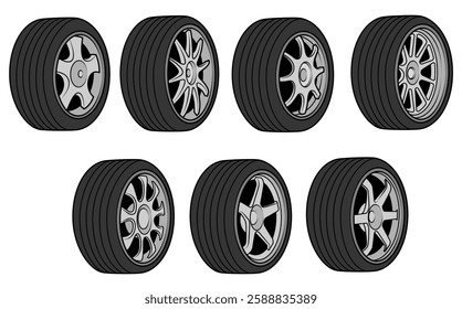 Vector illustration showcasing seven unique car wheel designs, each with distinct spoke patterns and tire treads, highlighting diverse automotive aesthetics