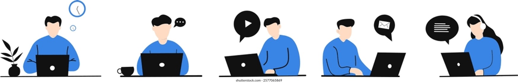 A vector illustration showcasing six individuals working on laptops, engaging in remote work or virtual collaboration. Features a minimalistic flat design style with vibrant blue tones and clean lines