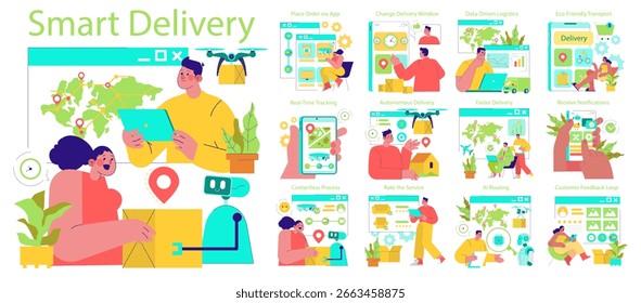 Ilustración vectorial que muestra conceptos de tecnología de entrega inteligente. Presenta múltiples escenas que destacan la logística basada en datos, los procesos sin contacto y las innovaciones de transporte ecológico.