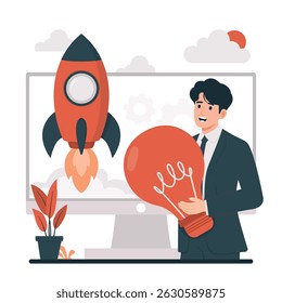 vector illustration showcasing start-up project themes, including business growth, goal setting, teamwork, rocket launch concepts, and strategic planning for new ventures