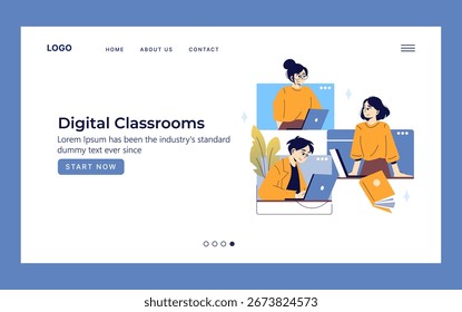 Vektorgrafik, die Schüler in einem digitalen Klassenzimmer zeigt, der sich mit Online-Lernen beschäftigt. Darstellung mehrerer Schüler, die Laptops für die Ausbildung in einer virtuellen Umgebung verwenden.