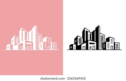 Vector illustration showcasing a stylish city skyline silhouette in pink and black, perfect for web, print, or creative design projects, emphasizing modern urban architecture.