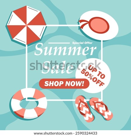 Vector illustration showcasing a Summer Sale with 'Up to 50% Off.' A beach scene with blue water ripples, umbrella, inflatable ring, flip-flops, and hat, perfect for seasonal sales and promotions.