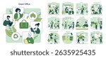 Vector illustration showcasing team members engaged in eco-friendly office activities, including brainstorming, recycling, and implementing sustainable practices while collaborating effectively.