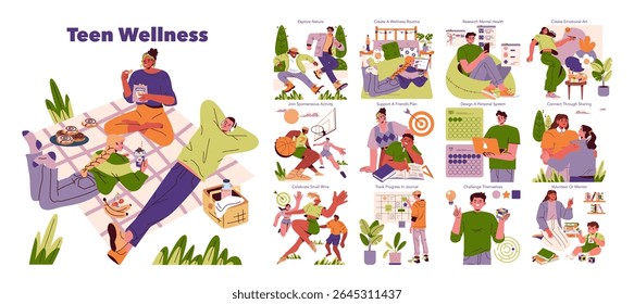 Vector illustration showcasing teen wellness activities including outdoor relaxation, exercise, and creative pursuits for mental and physical health. Teens enjoying and engaging in healthy habits.