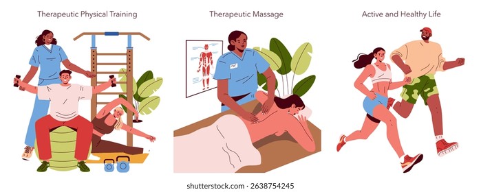 Vector illustration showcasing therapeutic physical training with a personal trainer, a relaxing therapeutic massage, and a couple actively jogging to promote a healthy lifestyle.