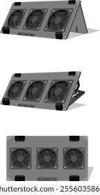 Vector illustration showcasing three different views of a laptop or PC cooling device with three cooling fans. A detailed and modern depiction of computer hardware designed for effective cooling