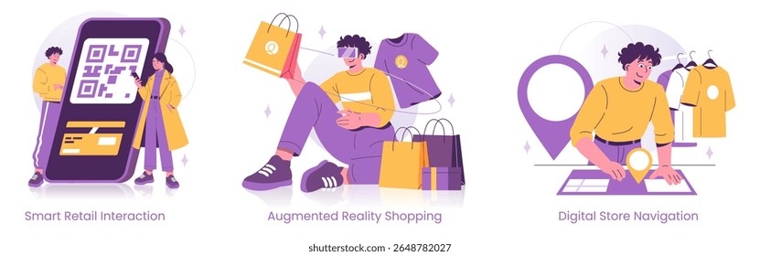 Ilustração vetorial mostrando três cenários no varejo moderno: digitalização de códigos QR para compras inteligentes, usando realidade aumentada para seleção aprimorada de produtos e navegação digital na loja.