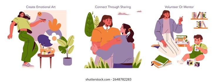 Vector illustration showcasing three scenarios emphasizing creativity, connection, and mentorship. A person engages in art, a couple shares a moment, and a mentor guides a child in learning.