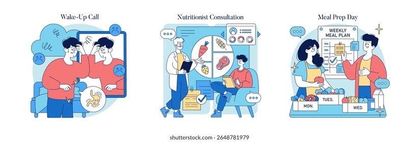 Vector illustration showcasing three scenes: a morning wake-up routine with an alarm, a nutritionist consultation, and meal preparation day with a focus on healthy meal planning.