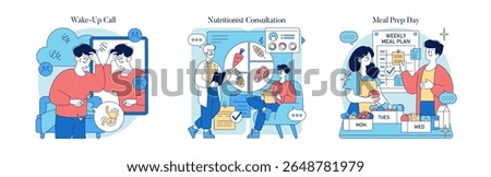 Vector illustration showcasing three scenes: a morning wake-up routine with an alarm, a nutritionist consultation, and meal preparation day with a focus on healthy meal planning.