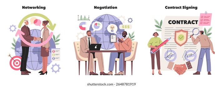 Vector illustration showcasing three stages of business interactions: networking with a handshake, negotiation at a meeting table, and contract signing with agreement gestures.