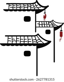 Ilustração vetorial apresentando um projeto arquitetônico tradicional asiático com telhados curvos e lanternas vermelhas, apresentando um estilo de arte minimalista e culturalmente simbólico