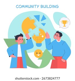 Vector illustration showcasing two individuals collaborating to complete a puzzle piece that forms a light bulb, symbolizing community building, teamwork, and shared ideas.