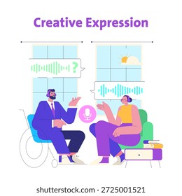 Vector illustration showcasing two individuals engaged in a lively podcast conversation with audio waveforms in the background, emphasizing creative expression and communication.
