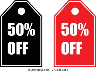 Una Ilustración vectorial que muestra dos Precios, uno negro y otro rojo, ambos con el texto "50% OFF" en letras blancas en negrita. Las etiquetas tienen una forma clásica con un agujero en la parte superior. Este gráfico representa un descuento, oferta especial o promoción de venta, comúnmente utilizado para publicidad minorista, Sitios web de comercio electrónico y campañas de marketing.