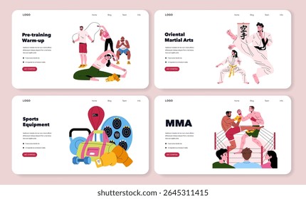 Vector illustration showcasing varied fitness activities: pre-training warm-up with jump rope, martial arts demonstration, sports equipment, and MMA sparring with focused participants.