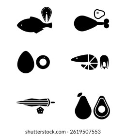 Vector illustration showcasing a variety of food cuts, featuring chicken, okra, avocado, egg, fish, and shrimp. Clean, detailed, and colorful design.