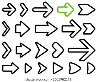 Vector illustration showcasing a variety of outlined arrows, including a green-highlighted arrow. Perfect for navigation or design concepts.