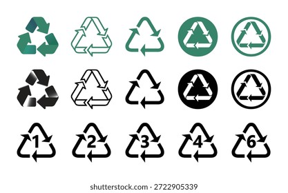 Eine Vektorgrafik, die eine Vielzahl von Recyclingsymbolen zeigt, die zur Identifizierung von Kunststoffen verwendet werden. Diese Grafiken eignen sich ideal für Unterrichtsmaterialien oder eine umweltfreundliche Produktkennzeichnung.