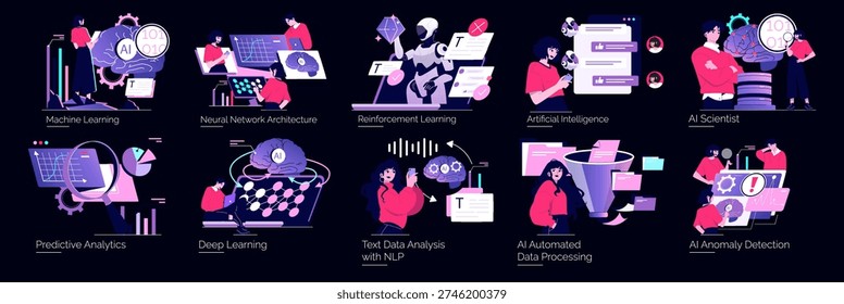 Vector illustration showcasing various AI and machine learning concepts, including neural networks, reinforcement learning, predictive analytics, and data processing. Ideal for educational and tech