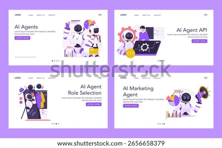 Vector illustration showcasing various AI agent roles, including marketing and API development. Highlighting adaptability and technology in modern artificial intelligence applications.