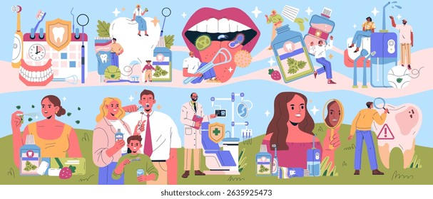 Vector illustration showcasing various aspects of dental hygiene, including brushing techniques, dental tools, and dentist visits. Emphasizes oral health practices and prevention.