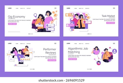 Vector illustration showcasing various aspects of the gig economy. Individuals are engaging with digital platforms, performing tasks, receiving reviews, and using algorithmic job matching.