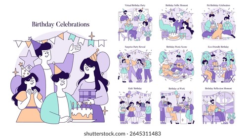 Vector illustration showcasing various birthday celebrations including virtual parties, surprise reveals, and pet festivities. Features joyful characters, festive decorations, and cake sharing.