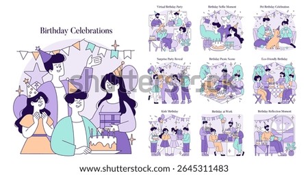 Vector illustration showcasing various birthday celebrations including virtual parties, surprise reveals, and pet festivities. Features joyful characters, festive decorations, and cake sharing.