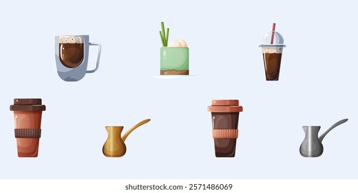 A vector illustration showcasing various coffee essentials, including a cezve, a glass mug, a plastic cup, a paper coffee cup, and a dessert. Designed for use in coffee shops and patisseries.