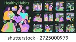 Vector illustration showcasing various healthy habits including exercise, meal planning, goal setting, and emotional balance. Features group activities and personal wellness tracking tools.
