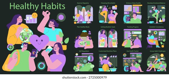 Ilustración vectorial que muestra varios hábitos saludables, incluyendo ejercicio, planificación de comidas, establecimiento de metas y equilibrio emocional. Cuenta con actividades grupales y herramientas personales de seguimiento de bienestar.