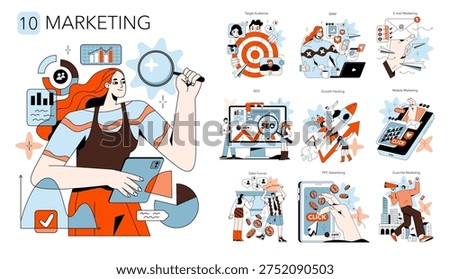 Vector illustration showcasing various marketing strategies including SEO, email marketing, and social media. Includes elements like charts, devices, and dynamic visuals.
