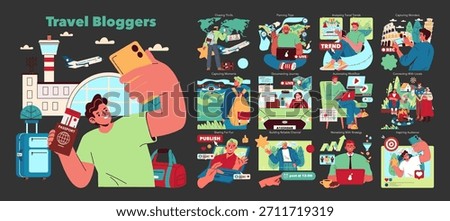 Vector illustration showcasing various travel blogging activities, including taking selfies, trip planning, live streaming, and engaging with locals. Ideal for content creators and travel enthusiasts.