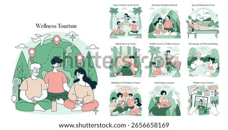 Vector illustration showcasing various wellness tourism activities including yoga on the beach, meditation retreats, spa scenes, wellness food, digital detox, and hot springs relaxation.