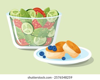  vector illustration showcasing a vegetable salad and syrniki with berries on a light background. Perfect for websites, restaurant advertisements, or product packaging.