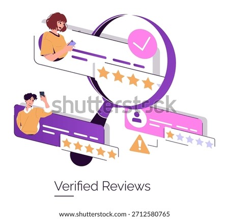Vector illustration showcasing verified reviews with star ratings. Features two characters analyzing feedback using mobile devices. Emphasizes trust and credibility in reviews.
