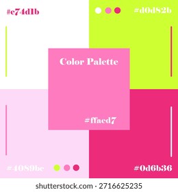 Ilustración vectorial que muestra una paleta de colores vibrantes con rosa brillante, verde lima y pasteles suaves. Cada color está etiquetado con su código hexadecimal específico, creando un diseño armonioso.