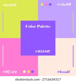 Ilustración vectorial que muestra una paleta de colores vibrantes con códigos hexadecimales. La Imagen presenta una combinación armoniosa de colores brillantes y pastel para inspirarse y crear diseños.
