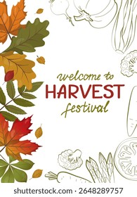 Ilustração vetorial mostrando uma recepção calorosa para o Festival da Colheita com folhas de outono coloridas e legumes esboçados, representando a abundância da estação.