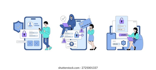 Vector illustration showing actions of online security and a potential data breach scenario. A person interacts with a secure login, while another seems anxious about security issues.