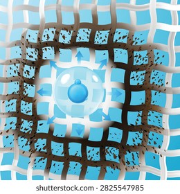 Vector illustration showing active detergent molecule expanding with arrows to remove dirty stain particles from textile fibers. Ideal template for laundry care and stain remover advertising.