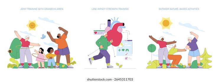 Vector illustration showing an active family enjoying outdoor activities together. Includes children and adults engaging in stretching, exercising, and playing games under a sunny sky, promoting