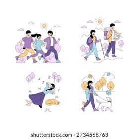 Vector illustration showing activities like jogging, hiking, relaxing, and dog walking. Captures diverse expressions of joy, relaxation, and adventure in different outdoor settings.