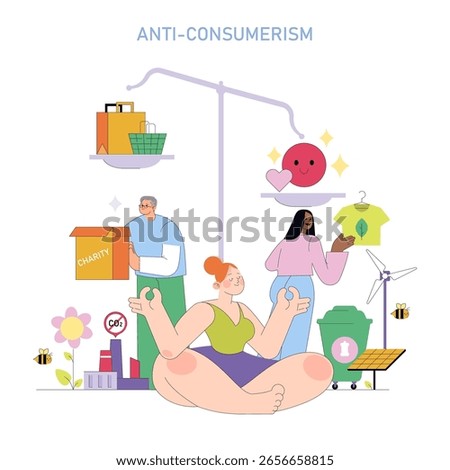 Vector illustration showing anti-consumerism concepts with people engaging in sustainable practices like charity, mindful shopping, meditation, renewable energy, and recycling.