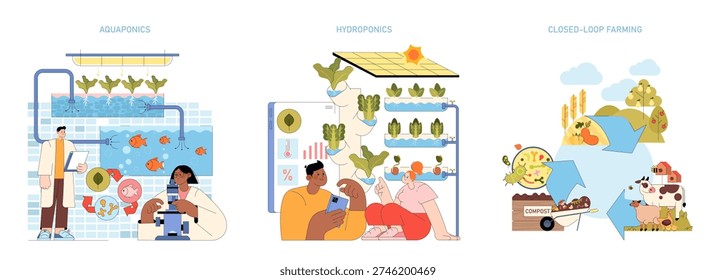 Vector illustration showing aquaponics, hydroponics, and closed-loop farming systems. People interact and study these sustainable farming methods, featuring plants and animals in integrated cycles.