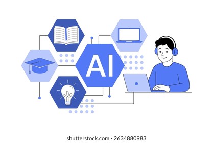 Vector illustration showing artificial intelligence in education. Student with laptop, AI icon, book, idea bulb, graduation cap, and digital learning tools. Online learning and innovation.